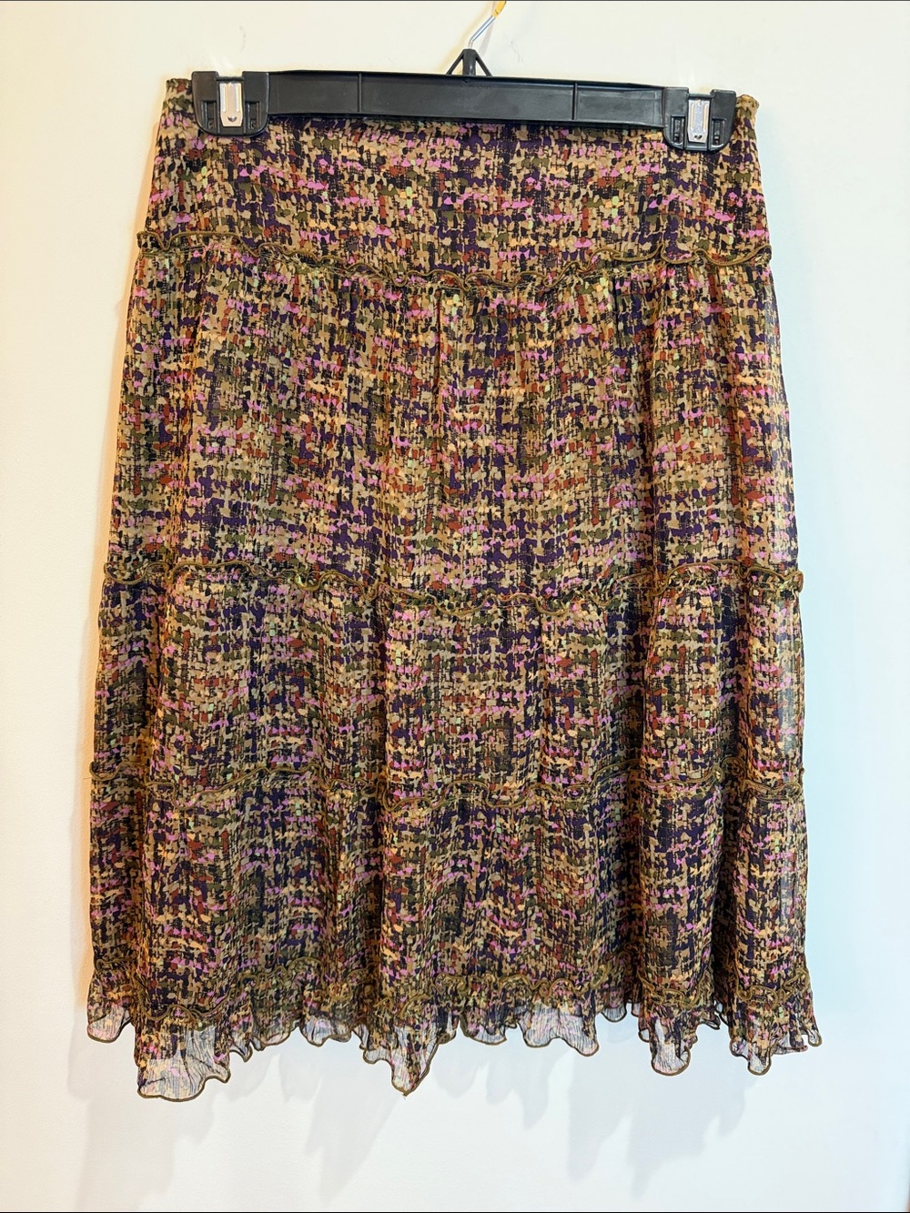 Cynthia Steffe 100% Silk Tiered Skirt Multi-Colored Purple, Pink & Earthtones, 2